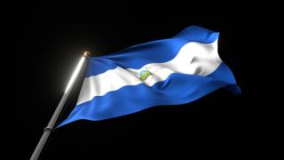 Nicaragua National Flag, A fluttering national flag and flagpole viewed from below on a black background