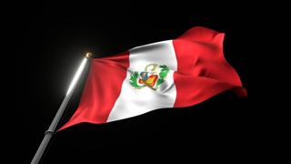 Peru National Flag, A fluttering national flag and flagpole viewed from below on a black background