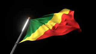 Republic-of-Congo National Flag, A fluttering national flag and flagpole viewed from below on a black background