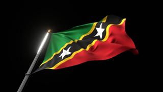 Saint-Kitts-and-Nevis National Flag, A fluttering national flag and flagpole viewed from below on a black background