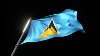 Saint-Lucia National Flag, A fluttering national flag and flagpole viewed from below on a black background