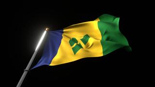 Saint-Vincent-and-the-Grenadines National Flag, A fluttering national flag and flagpole viewed from below on a black background