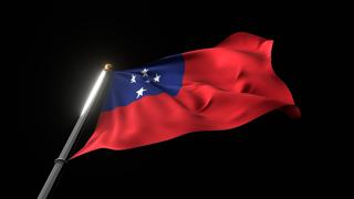 Samoa National Flag, A fluttering national flag and flagpole viewed from below on a black background