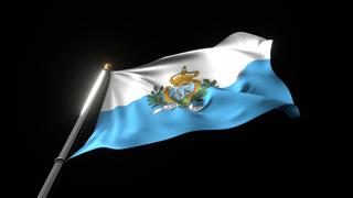 San-Marino National Flag, A fluttering national flag and flagpole viewed from below on a black background