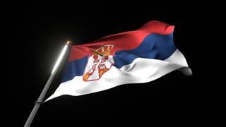 Serbia National Flag, A fluttering national flag and flagpole viewed from below on a black background