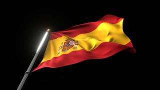 Spain National Flag, A fluttering national flag and flagpole viewed from below on a black background