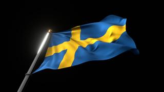 Sweden National Flag, A fluttering national flag and flagpole viewed from below on a black background