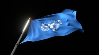 UN National Flag, A fluttering national flag and flagpole viewed from below on a black background