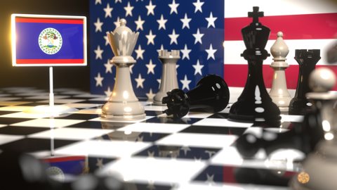 Belize National Flag, Flag placed on a chessboard with the American flag in the background