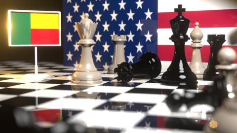 Benin National Flag, Flag placed on a chessboard with the American flag in the background