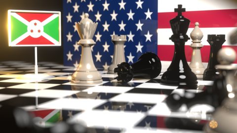 Burundi National Flag, Flag placed on a chessboard with the American flag in the background