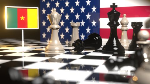 Cameroon National Flag, Flag placed on a chessboard with the American flag in the background