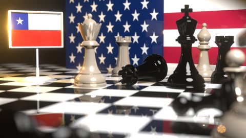 Chile National Flag, Flag placed on a chessboard with the American flag in the background