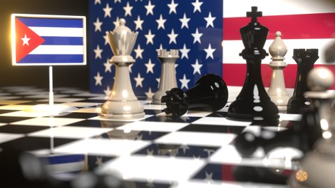 Cuba National Flag, Flag placed on a chessboard with the American flag in the background