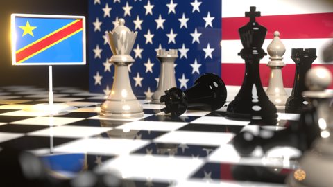 Democratic-Republic-of-the-Congo National Flag, Flag placed on a chessboard with the American flag in the background