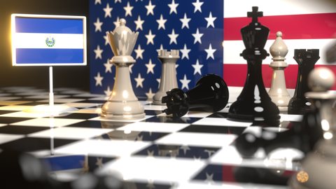 El-Salvador National Flag, Flag placed on a chessboard with the American flag in the background