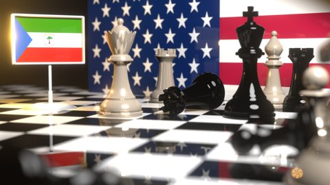 Equatorial-Guinea National Flag, Flag placed on a chessboard with the American flag in the background