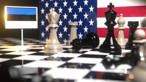 Estonia National Flag, Flag placed on a chessboard with the American flag in the background