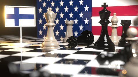 Finland National Flag, Flag placed on a chessboard with the American flag in the background