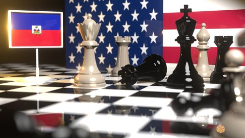 Haiti National Flag, Flag placed on a chessboard with the American flag in the background