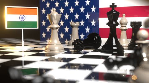 India National Flag, Flag placed on a chessboard with the American flag in the background