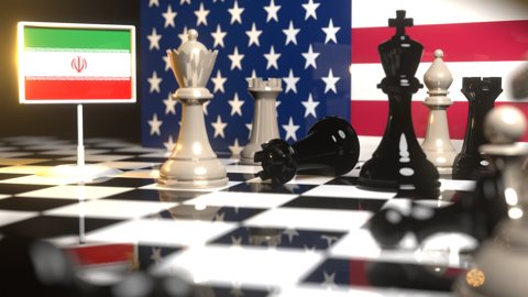 Iran National Flag, Flag placed on a chessboard with the American flag in the background