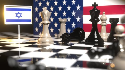 Israel National Flag, Flag placed on a chessboard with the American flag in the background