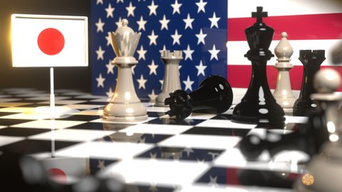 Japan National Flag, Flag placed on a chessboard with the American flag in the background