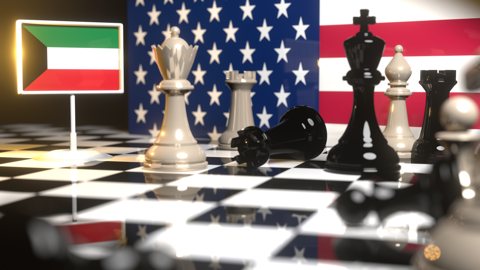 Kuwait National Flag, Flag placed on a chessboard with the American flag in the background