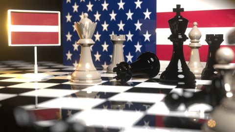 Latvia National Flag, Flag placed on a chessboard with the American flag in the background