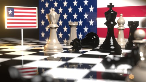 Liberia National Flag, Flag placed on a chessboard with the American flag in the background