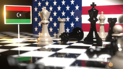 Libya National Flag, Flag placed on a chessboard with the American flag in the background