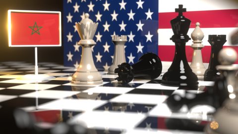 Morocco National Flag, Flag placed on a chessboard with the American flag in the background