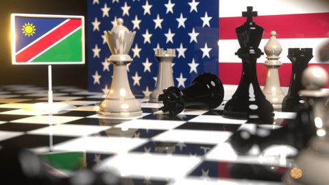 Namibia National Flag, Flag placed on a chessboard with the American flag in the background