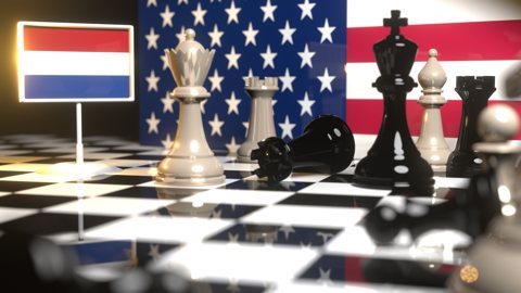 Netherlands National Flag, Flag placed on a chessboard with the American flag in the background