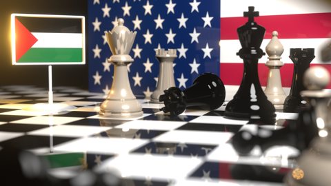 Palestine National Flag, Flag placed on a chessboard with the American flag in the background