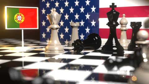 Portugal National Flag, Flag placed on a chessboard with the American flag in the background