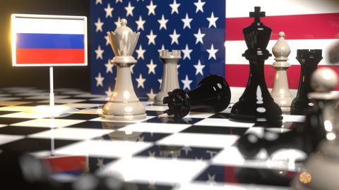 Russia National Flag, Flag placed on a chessboard with the American flag in the background