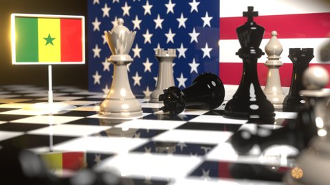 Senegal National Flag, Flag placed on a chessboard with the American flag in the background