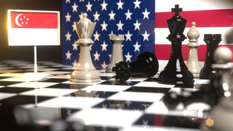 Singapore National Flag, Flag placed on a chessboard with the American flag in the background