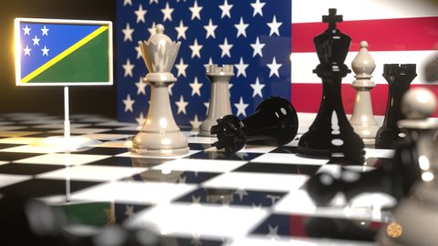 Solomon-Islands National Flag, Flag placed on a chessboard with the American flag in the background