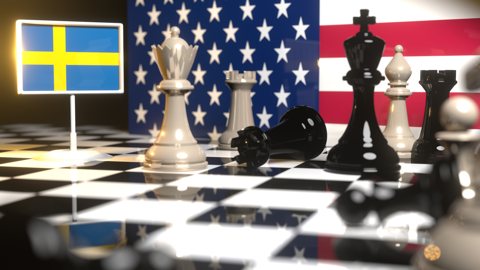 Sweden National Flag, Flag placed on a chessboard with the American flag in the background