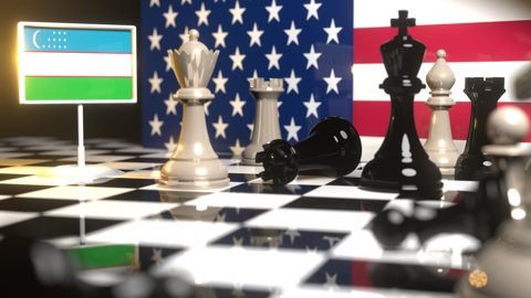 Uzbekistan National Flag, Flag placed on a chessboard with the American flag in the background