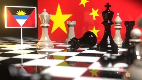 アンティグア・バーブーダ国旗, 中国の国旗を背景にチェス盤に置かれた国旗