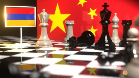 Armenia National Flag, The national flag on a chessboard with the Chinese flag in the background