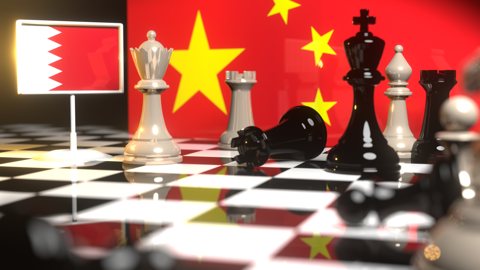 Bahrain National Flag, The national flag on a chessboard with the Chinese flag in the background