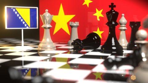 Bosnia-and-Herzegovina National Flag, The national flag on a chessboard with the Chinese flag in the background