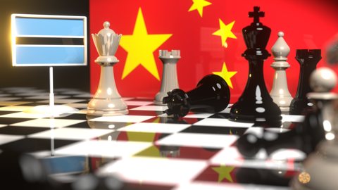 Botswana National Flag, The national flag on a chessboard with the Chinese flag in the background