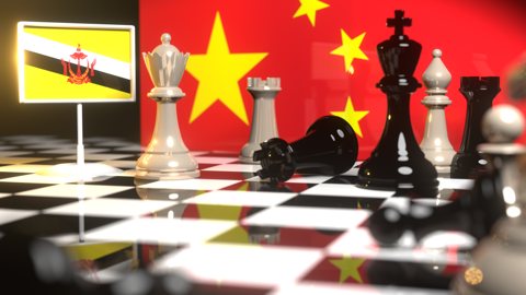 Brunei National Flag, The national flag on a chessboard with the Chinese flag in the background