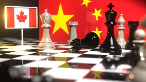 Canada National Flag, The national flag on a chessboard with the Chinese flag in the background